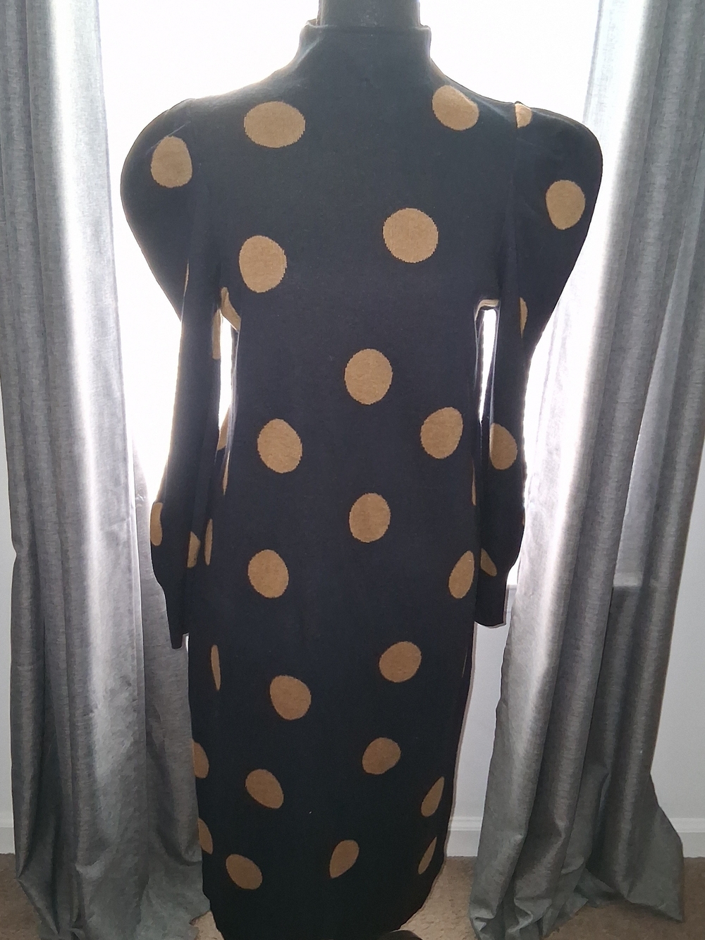 Who What Wear Black Long Sleeve Knit Dress with Tan Polka Dots